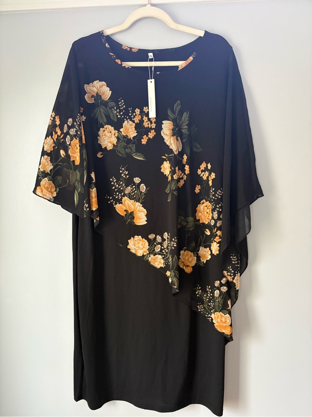 Black Midi Dress with Yellow Rose Floral Overlay